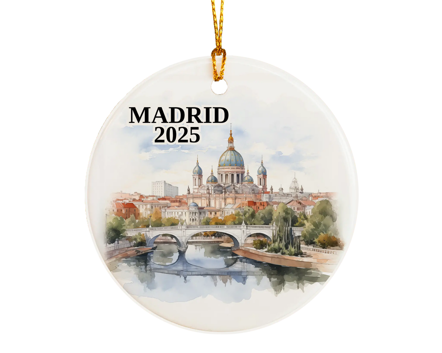 Custom Madrid Spain ceramic photo ornament with personalized message – handmade Christmas bauble, gift souvenir, or vacation keepsake.  