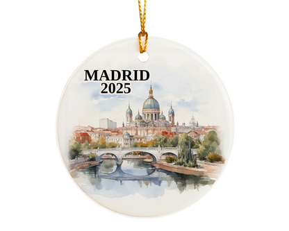 Custom Madrid Spain ceramic photo ornament with personalized message – handmade Christmas bauble, gift souvenir, or vacation keepsake.  