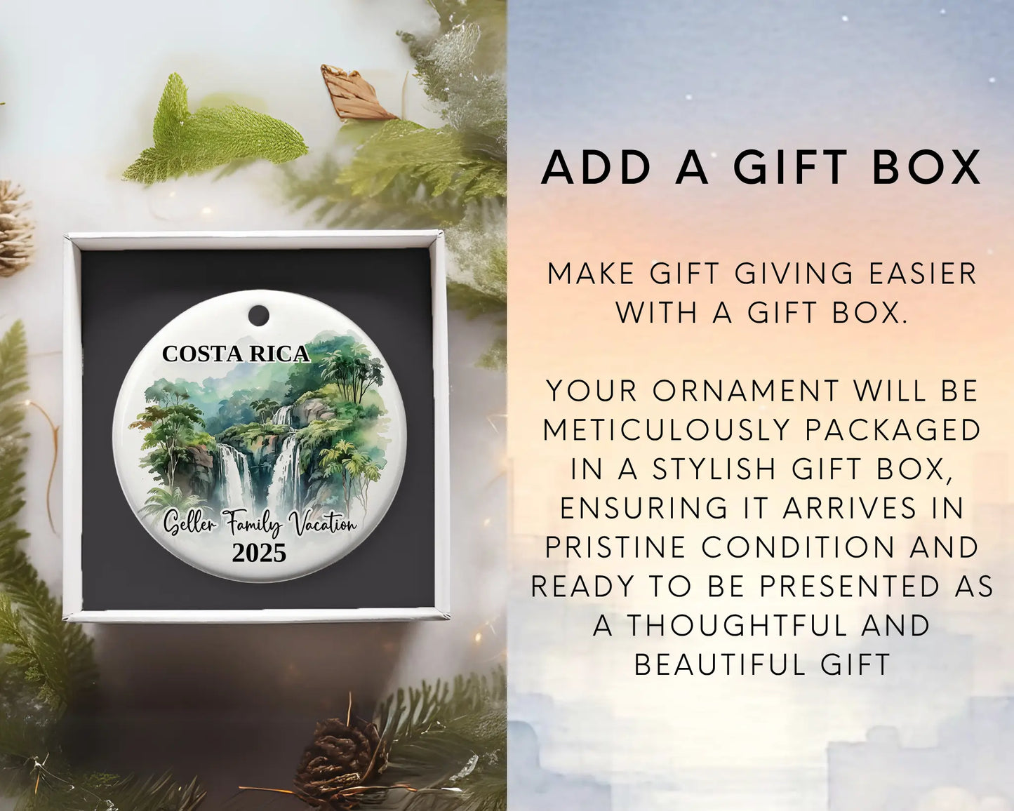 Custom vacation Paris ceramic photo ornament with personalized message – handmade Christmas bauble, gift souvenir, or vacation keepsake. Add gift box