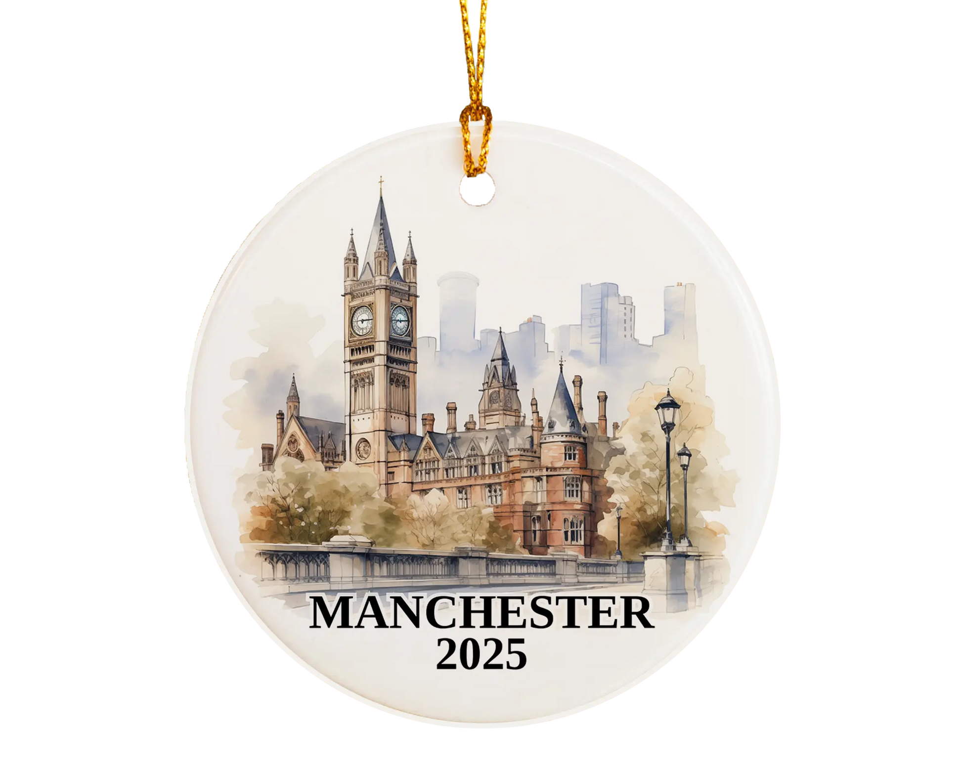 Custom Manchester UK ceramic photo ornament with personalized message – handmade Christmas bauble, gift souvenir, or vacation keepsake.  