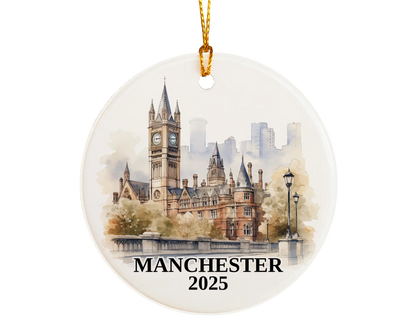 Custom Manchester UK ceramic photo ornament with personalized message – handmade Christmas bauble, gift souvenir, or vacation keepsake.  