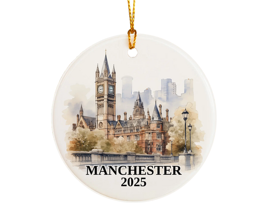 Custom Manchester UK ceramic photo ornament with personalized message – handmade Christmas bauble, gift souvenir, or vacation keepsake.  