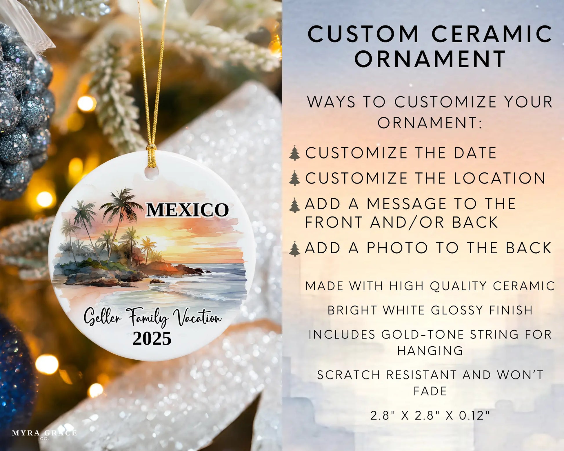 Custom vacation Mexico ceramic photo ornament with personalized message – handmade Christmas bauble, gift souvenir, or vacation keepsake. Infographic