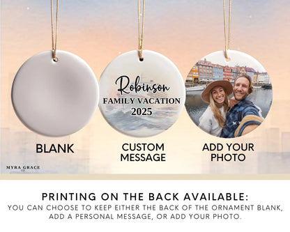 Handmade ceramic Baltic Sea Scandinavia cruise ornament with personalized location and photo – custom Christmas bauble or cruise vacation souvenir. Add your photo