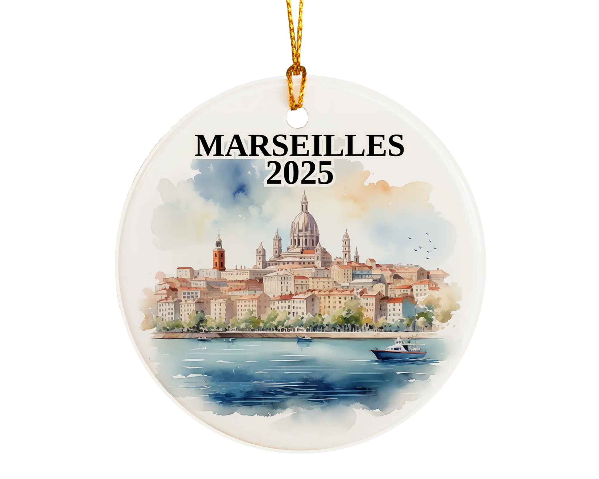 Custom Marseilles France ceramic photo ornament with personalized message – handmade Christmas bauble, gift souvenir, or vacation keepsake.  