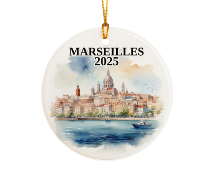 Custom Marseilles France ceramic photo ornament with personalized message – handmade Christmas bauble, gift souvenir, or vacation keepsake.  