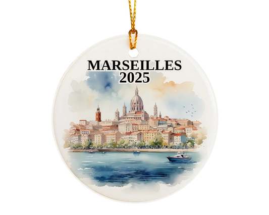 Custom Marseilles France ceramic photo ornament with personalized message – handmade Christmas bauble, gift souvenir, or vacation keepsake.  