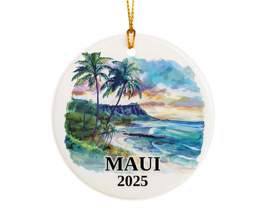 Custom Maui Hawaii ceramic photo ornament with personalized message – handmade Christmas bauble, gift souvenir, or vacation keepsake.  