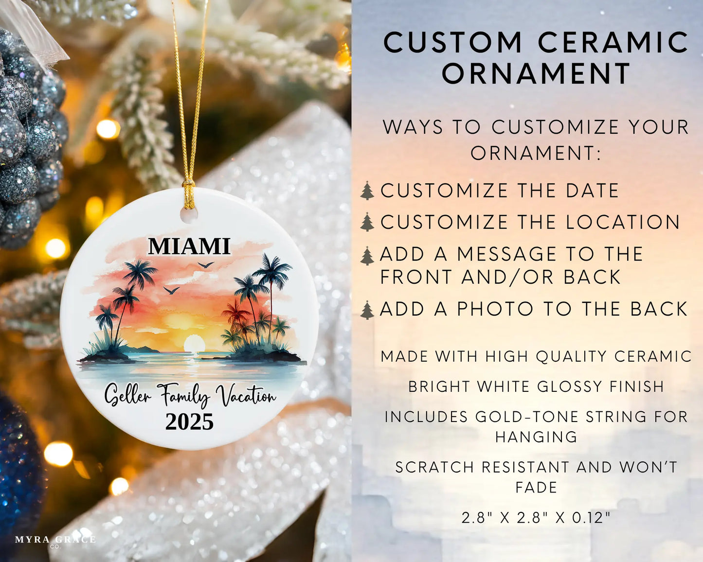 Custom vacation Miami Florida ceramic photo ornament with personalized message – handmade Christmas bauble, gift souvenir, or vacation keepsake. Infographic