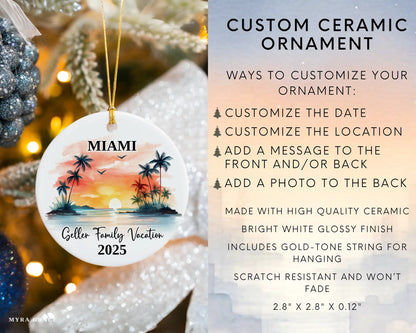 Custom vacation Miami Florida ceramic photo ornament with personalized message – handmade Christmas bauble, gift souvenir, or vacation keepsake. Infographic