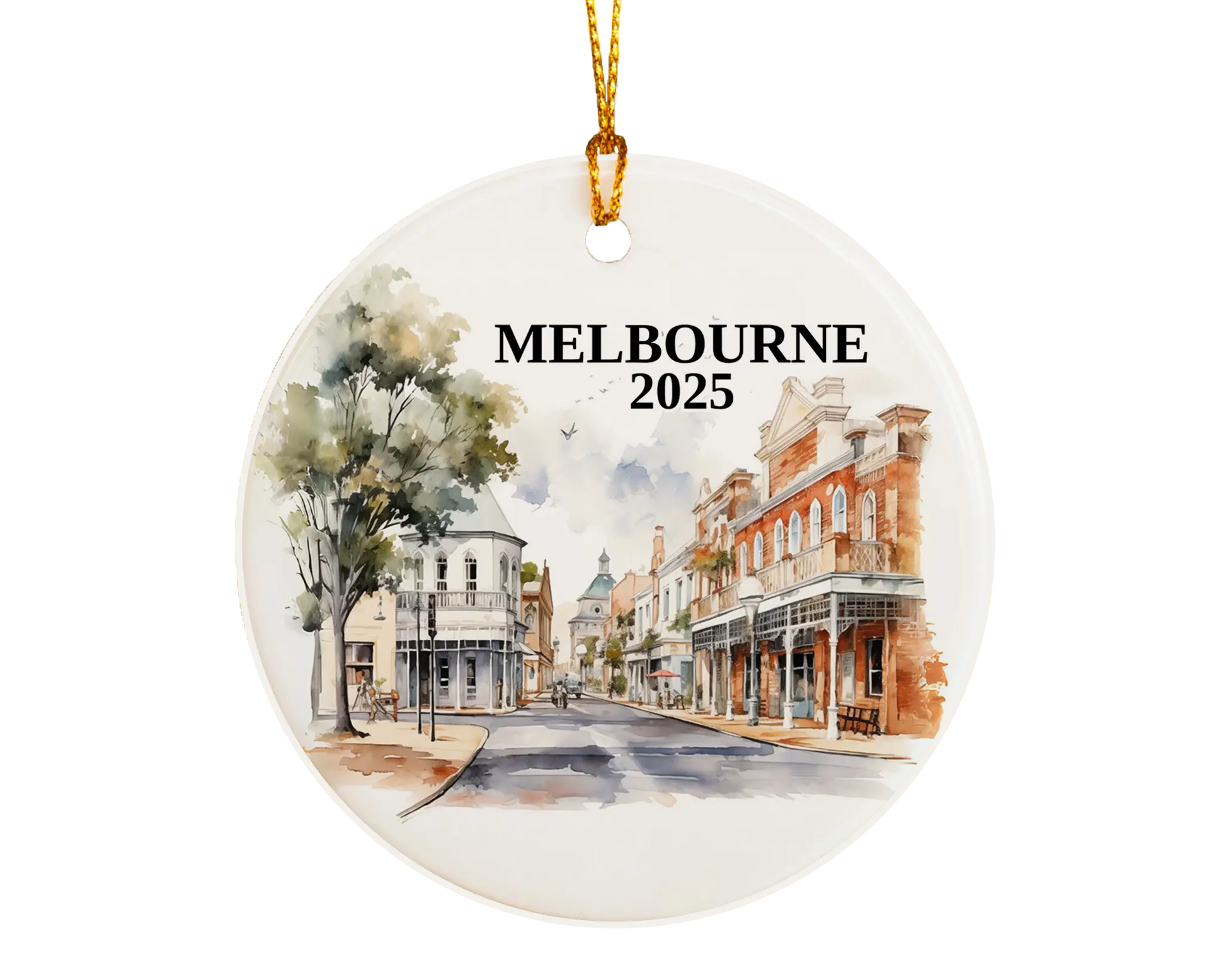 Custom Melbourne Australia ceramic photo ornament with personalized message – handmade Christmas bauble, gift souvenir, or vacation keepsake.  