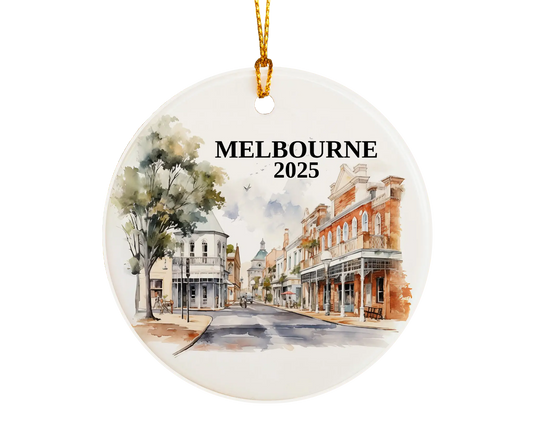 Custom Melbourne Australia ceramic photo ornament with personalized message – handmade Christmas bauble, gift souvenir, or vacation keepsake.  