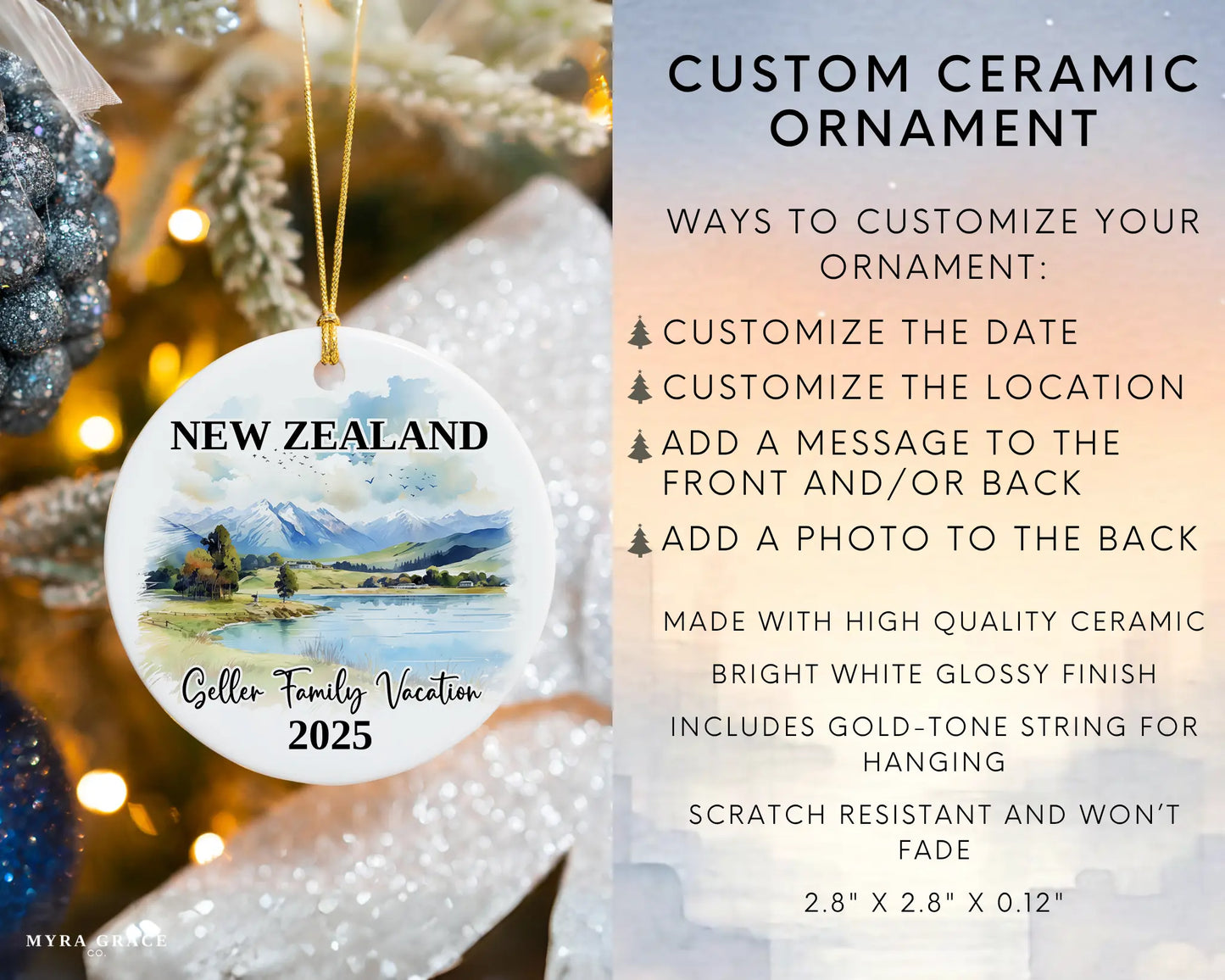 Custom vacation New Zealand ceramic photo ornament with personalized message – handmade Christmas bauble, gift souvenir, or vacation keepsake. Infographic