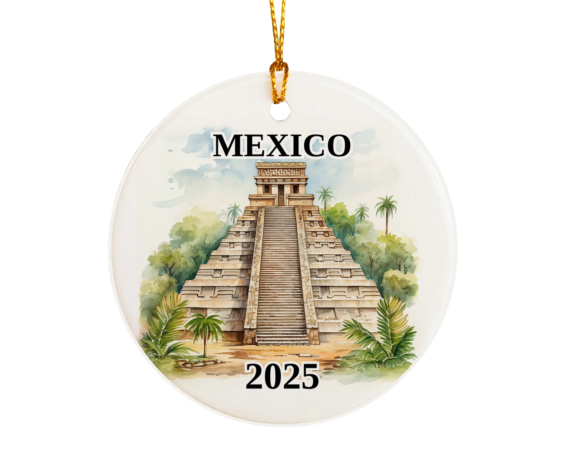 Custom Mexico Pyramids ceramic photo ornament with personalized message – handmade Christmas bauble, gift souvenir, or vacation keepsake.  