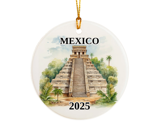Custom Mexico Pyramids ceramic photo ornament with personalized message – handmade Christmas bauble, gift souvenir, or vacation keepsake.  