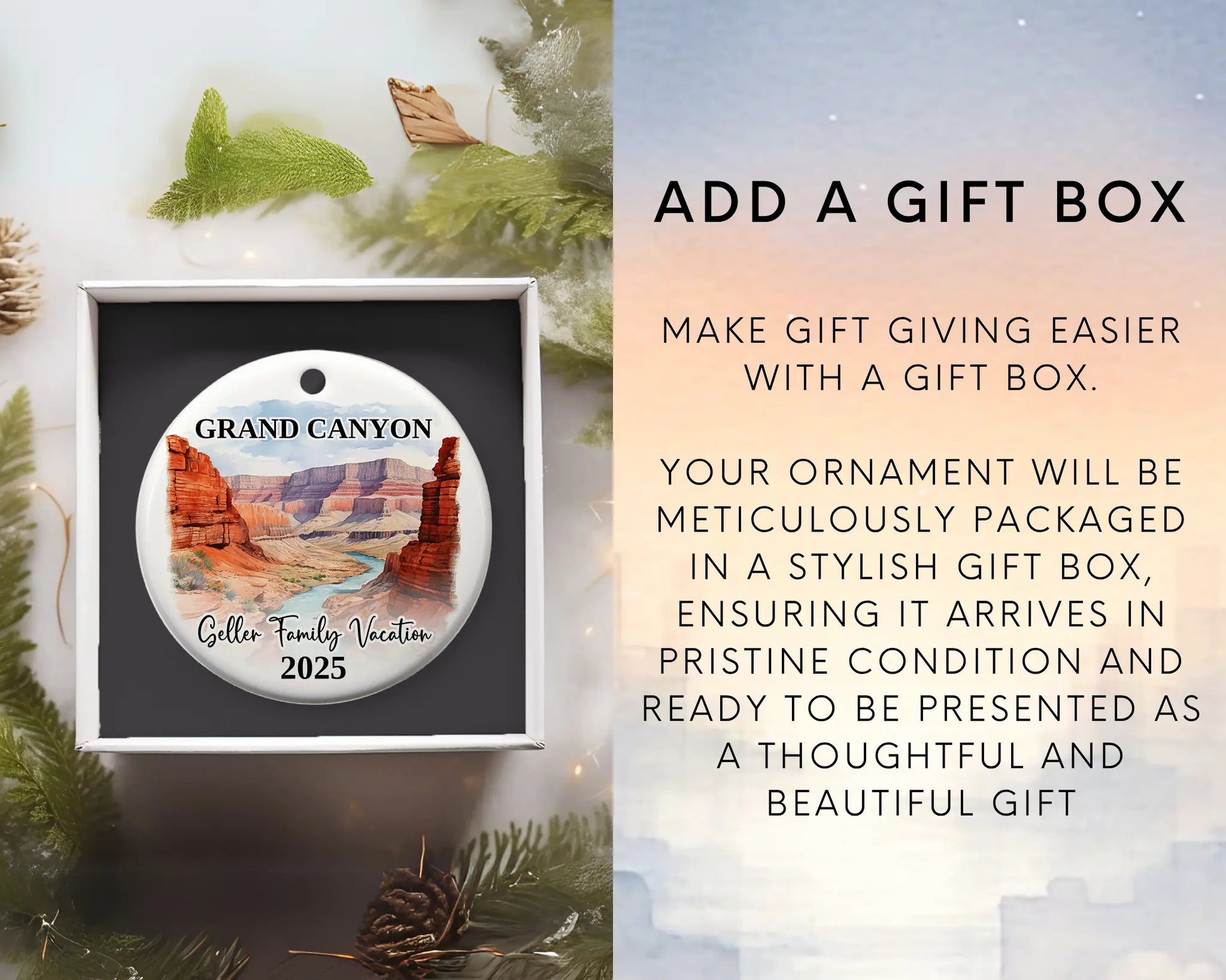 Custom vacation Grand Canyon ceramic photo ornament with personalized message – handmade Christmas bauble, gift souvenir, or vacation keepsake. Add gift box