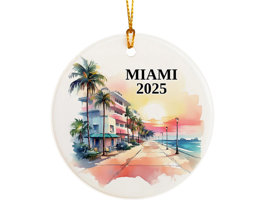 Custom Miami Florida ceramic photo ornament with personalized message – handmade Christmas bauble, gift souvenir, or vacation keepsake.  