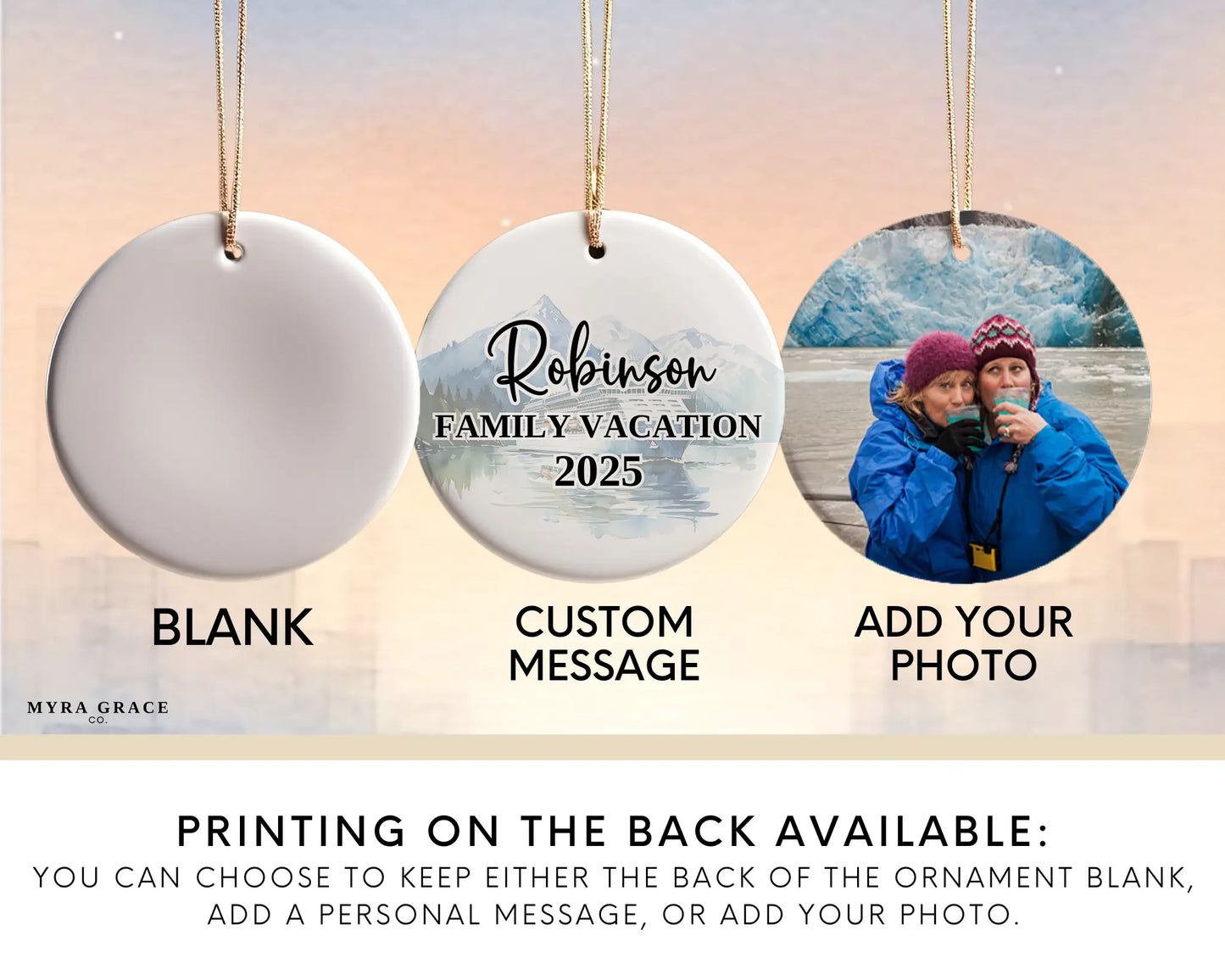Handmade ceramic Alaska cruise ornament with personalized location and photo – custom Christmas bauble or cruise vacation souvenir. Add your photo