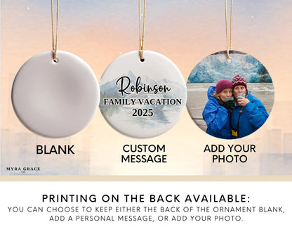 Handmade ceramic Alaska cruise ornament with personalized location and photo – custom Christmas bauble or cruise vacation souvenir. Add your photo