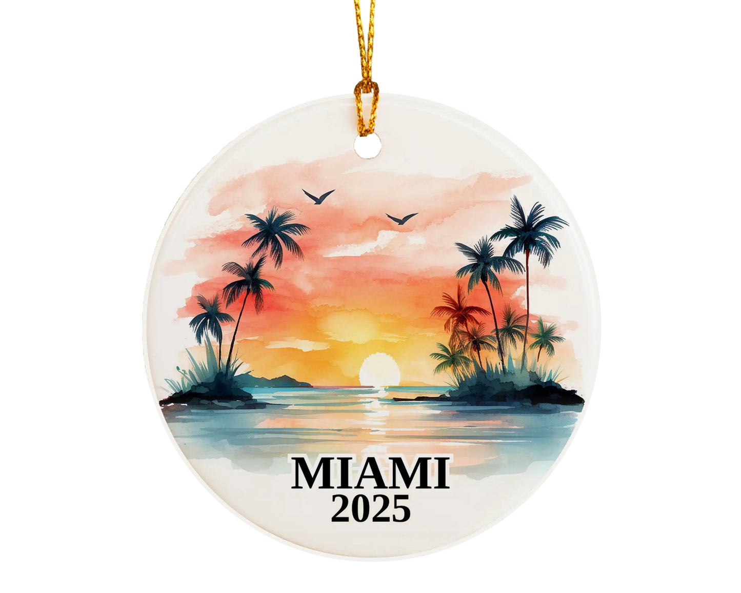 Custom Miami Florida ceramic photo ornament with personalized message – handmade Christmas bauble, gift souvenir, or vacation keepsake.  