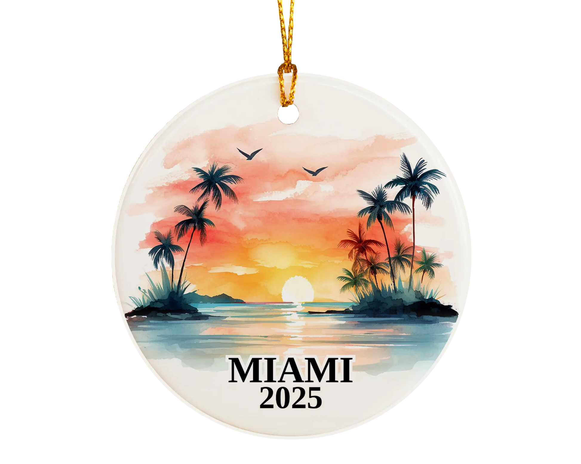 Custom Miami Florida ceramic photo ornament with personalized message – handmade Christmas bauble, gift souvenir, or vacation keepsake.  