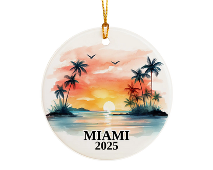 Custom Miami Florida ceramic photo ornament with personalized message – handmade Christmas bauble, gift souvenir, or vacation keepsake.  