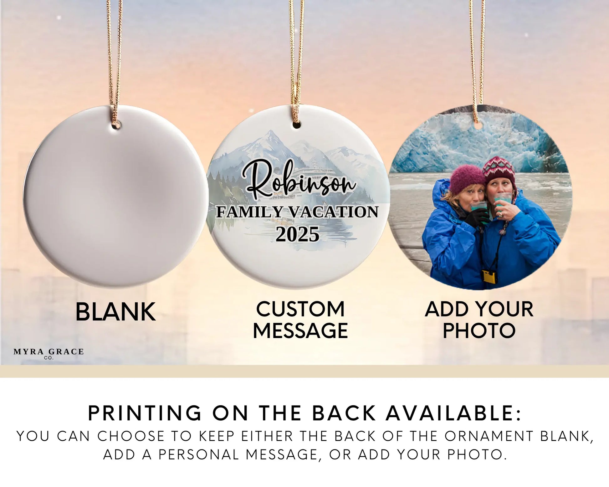 Handmade ceramic Alaska cruise ornament with personalized location and photo – custom Christmas bauble or cruise vacation souvenir. Add your photo