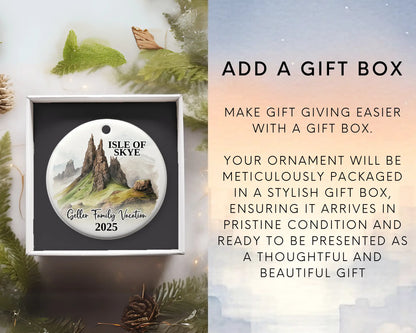 Custom vacation Isle of Skye Scotland ceramic photo ornament with personalized message – handmade Christmas bauble, gift souvenir, or vacation keepsake. Add gift box