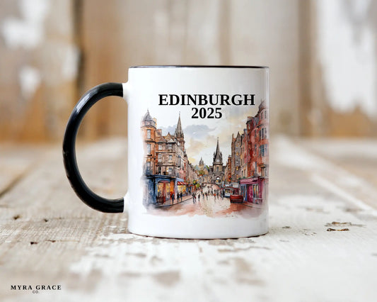 Custom ceramic Edinburgh Scotland vacation mug with watercolor location design, date, and personal photo – personalized travel gift or photo mug. 