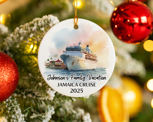Handmade ceramic Jamaica cruise ornament with personalized location and photo – custom Christmas bauble or cruise vacation souvenir.
