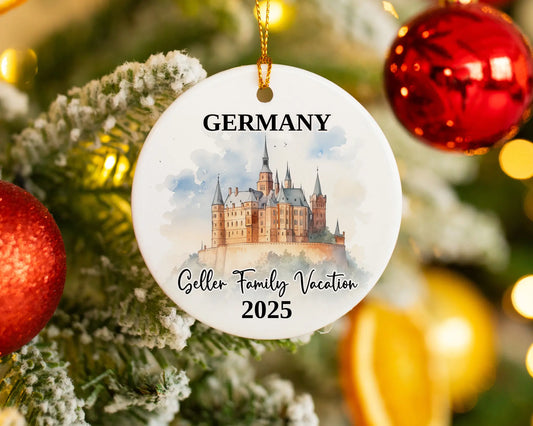 Custom vacation Germany ceramic photo ornament with personalized message – handmade Christmas bauble, gift souvenir, or vacation keepsake. 