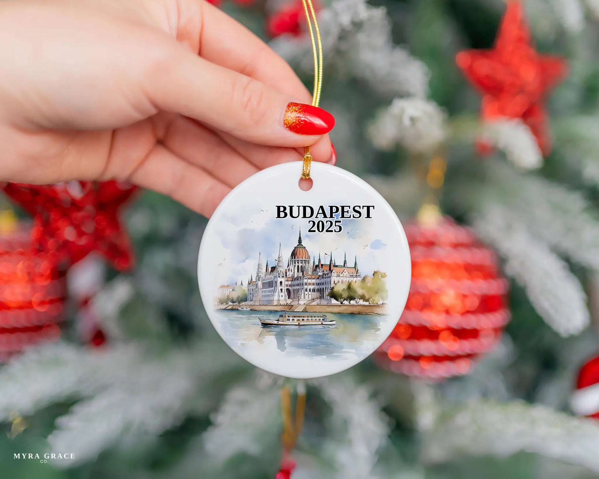Custom Budapest, Hungary ceramic photo ornament with personalized message – handmade Christmas bauble, gift souvenir, or vacation keepsake.