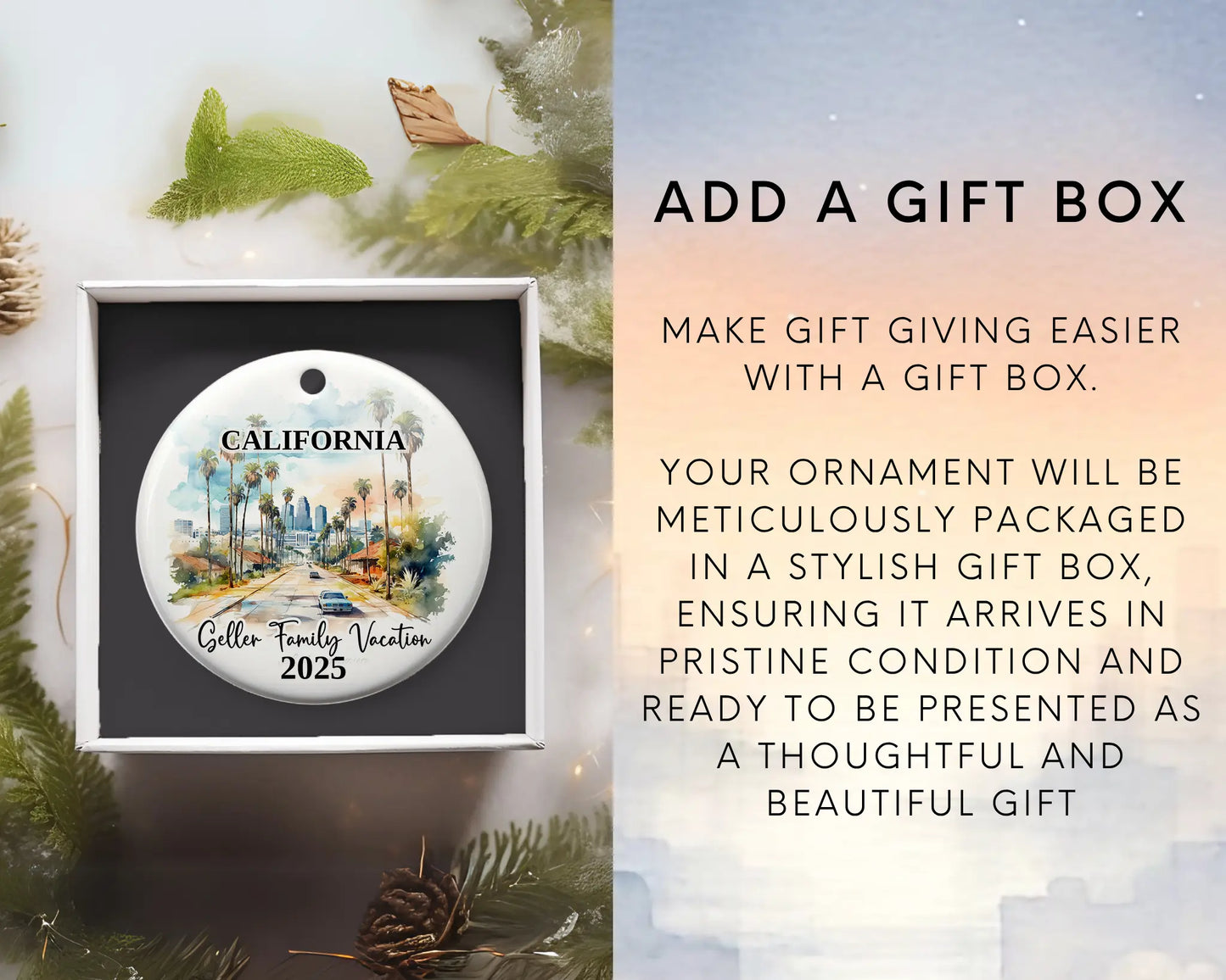 Custom vacation California Los Angeles ceramic photo ornament with personalized message – handmade Christmas bauble, gift souvenir, or vacation keepsake. Add gift box
