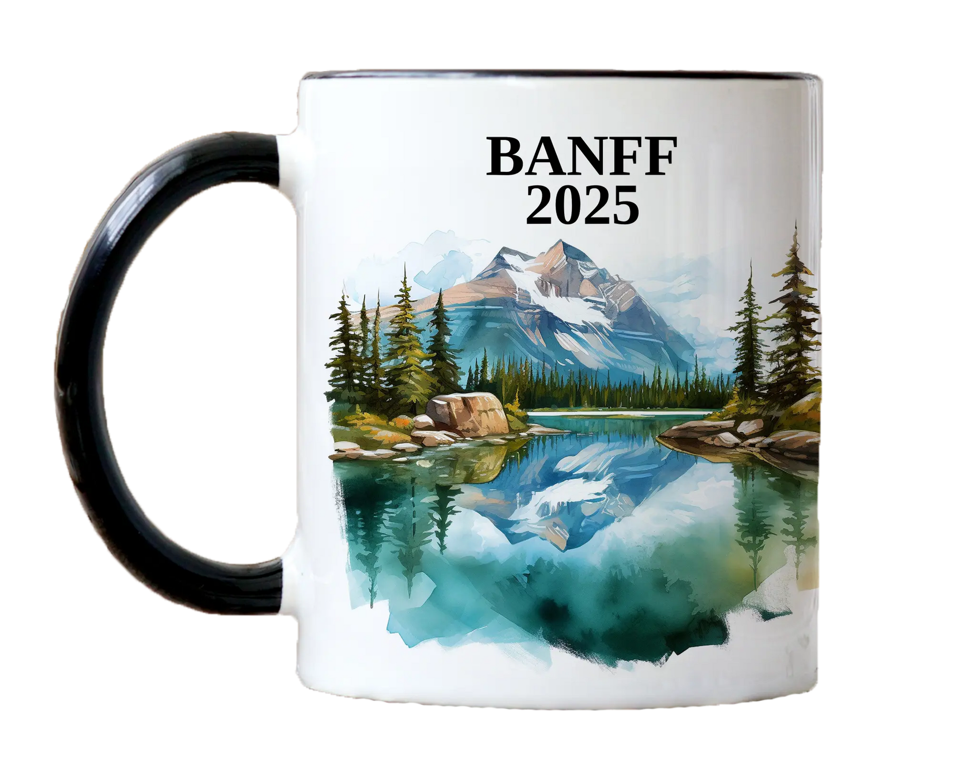 Custom ceramic Banff vacation mug with watercolor location design, date, and personal photo – personalized travel gift or photo mug. 