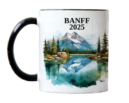 Custom ceramic Banff vacation mug with watercolor location design, date, and personal photo – personalized travel gift or photo mug. 