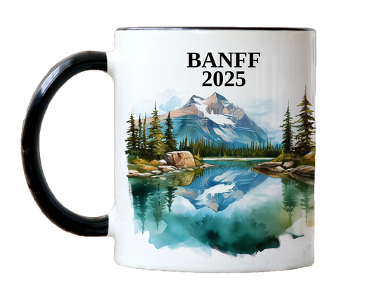 Custom ceramic Banff vacation mug with watercolor location design, date, and personal photo – personalized travel gift or photo mug. 