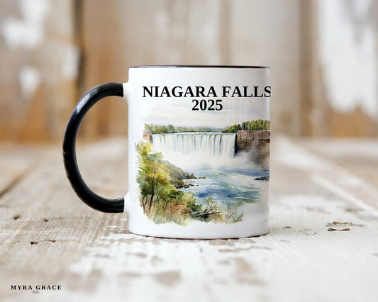 Custom ceramic Niagara Falls vacation mug with watercolor location design, date, and personal photo – personalized travel gift or photo mug. 