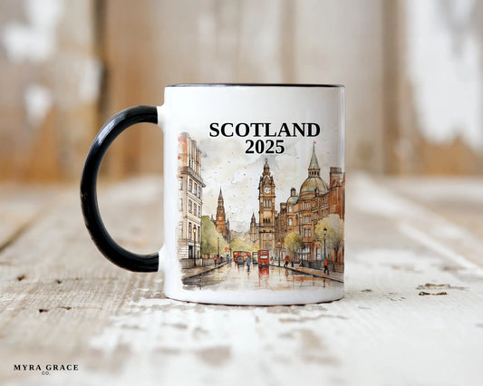 Custom ceramic Scotland vacation mug with watercolor location design, date, and personal photo – personalized travel gift or photo mug.
