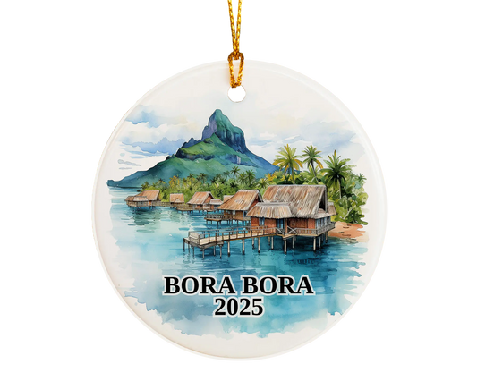 Custom Bora Bora ceramic photo ornament with personalized message – handmade Christmas bauble, gift souvenir, or vacation keepsake.