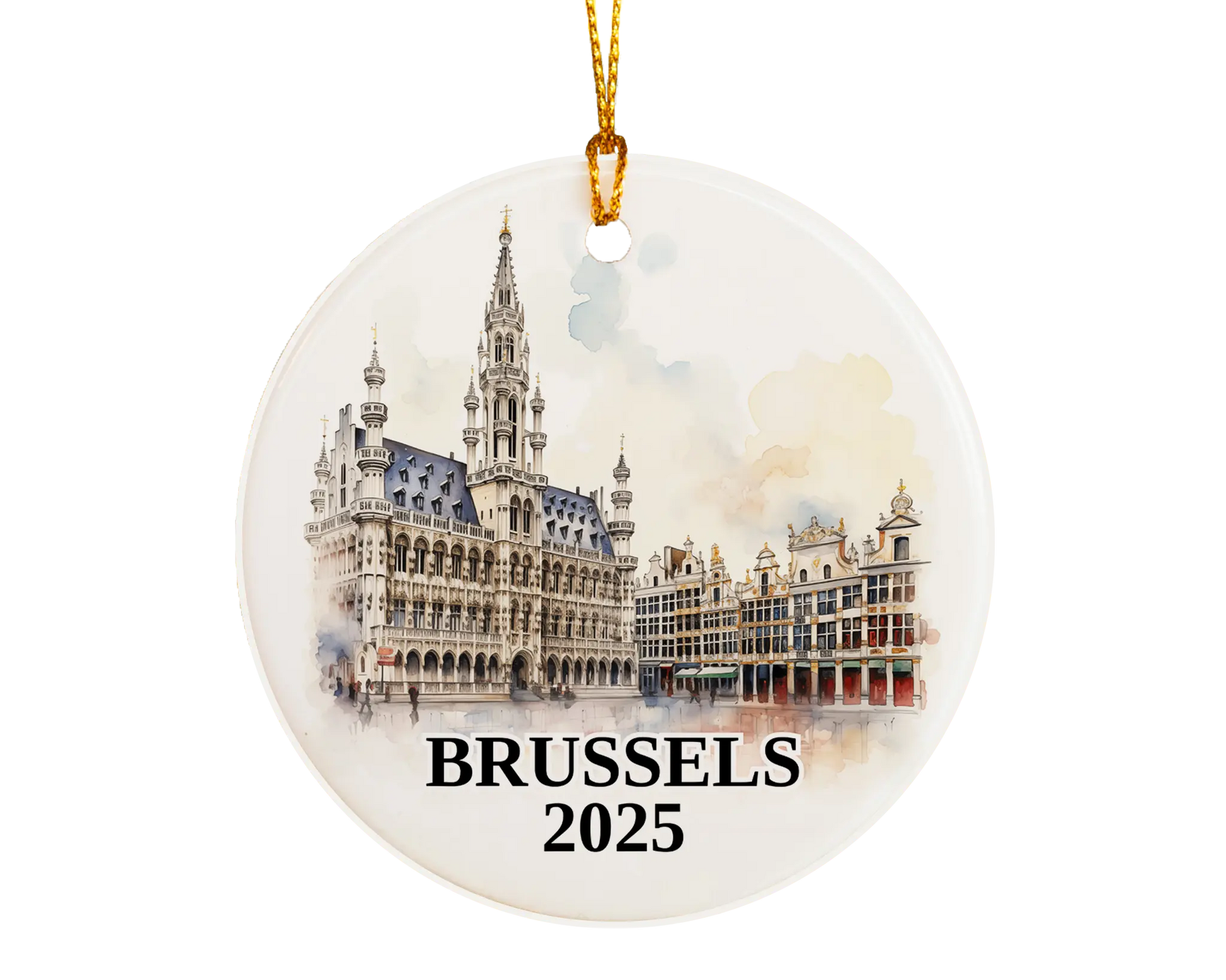 Custom Brussels Belgium ceramic photo ornament with personalized message – handmade Christmas bauble, gift souvenir, or vacation keepsake. 
