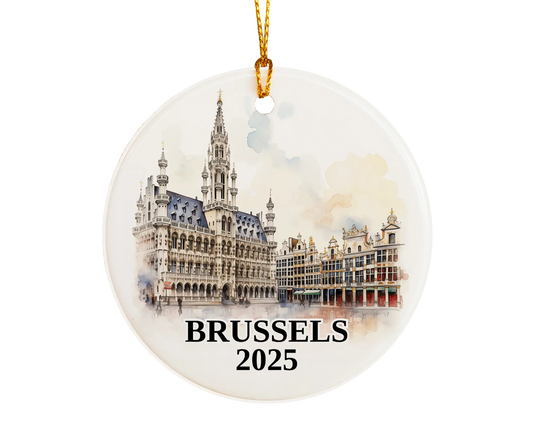 Custom Brussels Belgium ceramic photo ornament with personalized message – handmade Christmas bauble, gift souvenir, or vacation keepsake. 