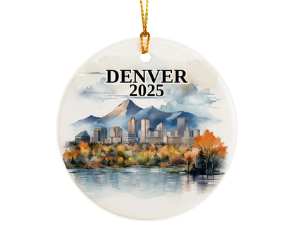 Custom Denver ceramic photo ornament with personalized message – handmade Christmas bauble, gift souvenir, or vacation keepsake.  