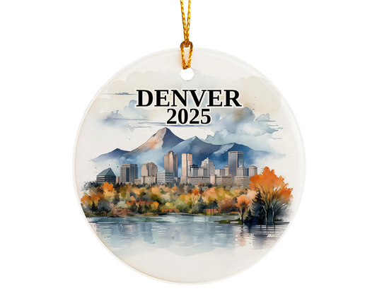 Custom Denver ceramic photo ornament with personalized message – handmade Christmas bauble, gift souvenir, or vacation keepsake.  