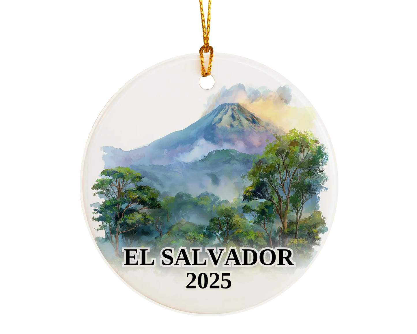Custom El Salvador ceramic photo ornament with personalized message – handmade Christmas bauble, gift souvenir, or vacation keepsake.  