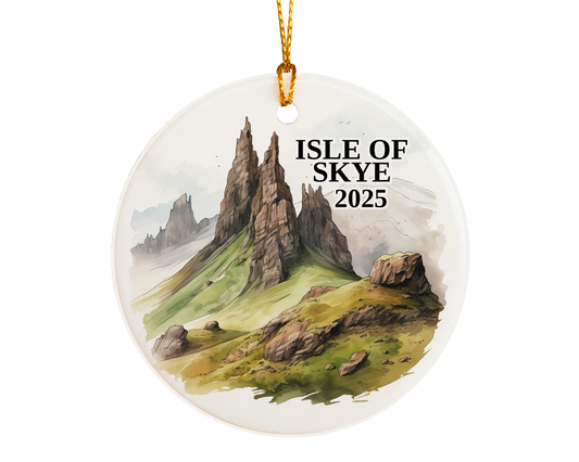 Custom Isle of Skye Scotland ceramic photo ornament with personalized message – handmade Christmas bauble, gift souvenir, or vacation keepsake.  