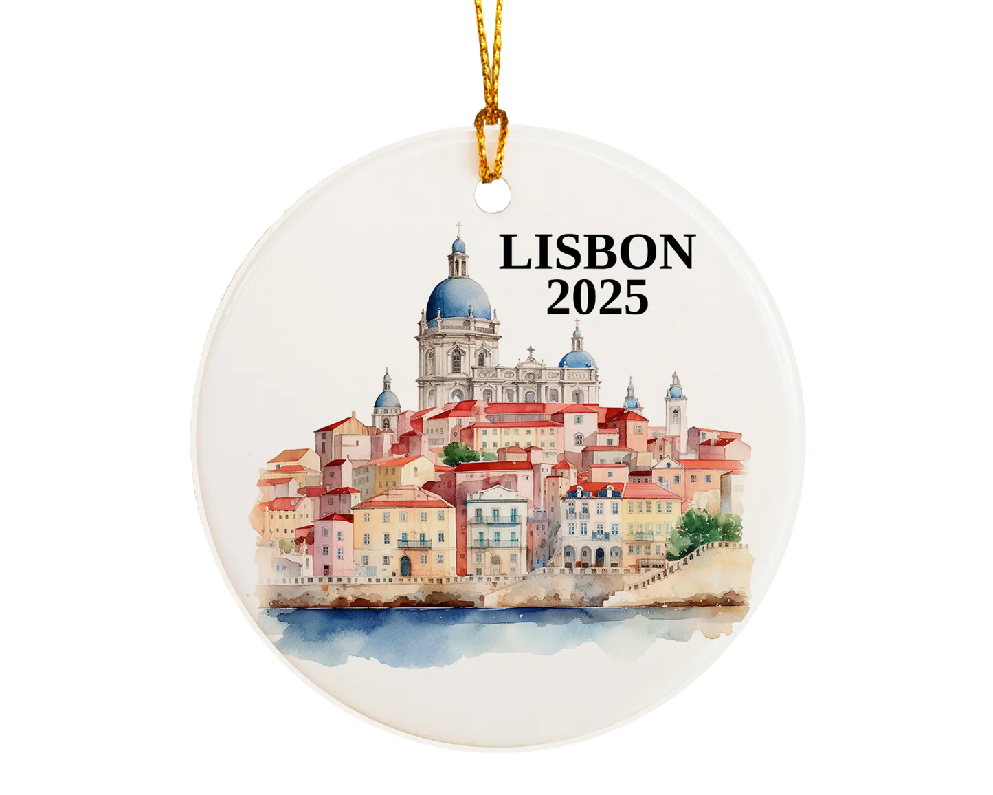 Custom Lisbon Portugal ceramic photo ornament with personalized message – handmade Christmas bauble, gift souvenir, or vacation keepsake.  