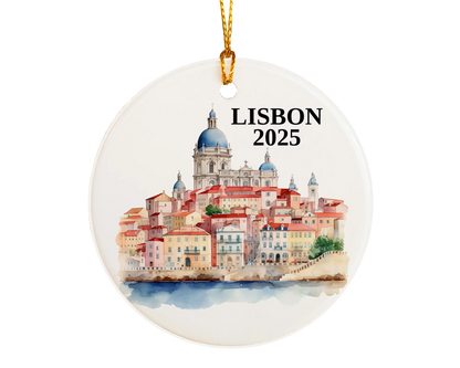 Custom Lisbon Portugal ceramic photo ornament with personalized message – handmade Christmas bauble, gift souvenir, or vacation keepsake.  