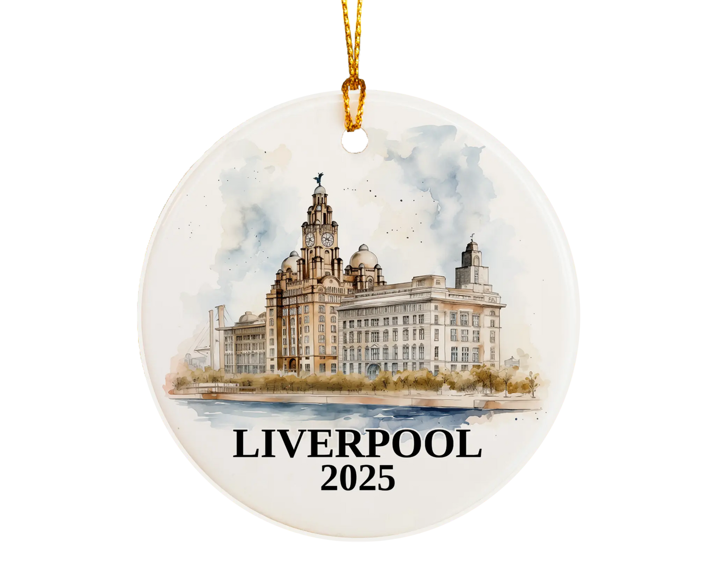 Custom Liverpool UK ceramic photo ornament with personalized message – handmade Christmas bauble, gift souvenir, or vacation keepsake.  