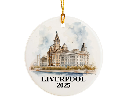 Custom Liverpool UK ceramic photo ornament with personalized message – handmade Christmas bauble, gift souvenir, or vacation keepsake.  