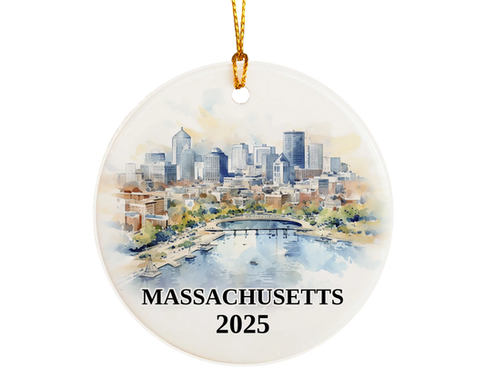 Massachusetts Ornament Custom Gift Souvenir Bauble. Custom Massachusetts ceramic photo ornament with personalized message – handmade Christmas bauble, gift souvenir, or vacation keepsake.  